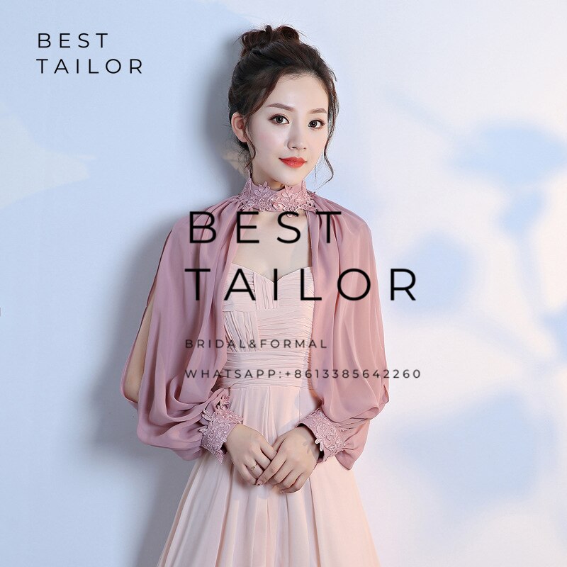 Kleuren beschikbaar! ivoor chiffon bruidsjassen bolero bruidsmeisjesjurken hoge hals split lange mouwen bruiloft accessoires: Stoffige roos