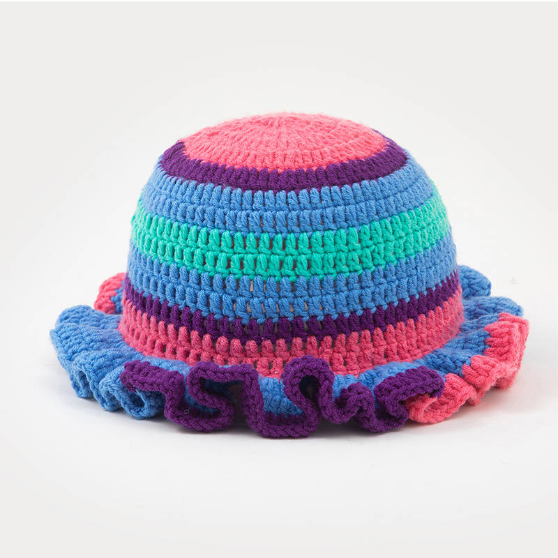 Colorful Crochet Ruffle Brim Knit Bucket Hats Winter Woman Handmade Stretch Fisherman Cap Outdoor Warm Windproof Beanie Hat