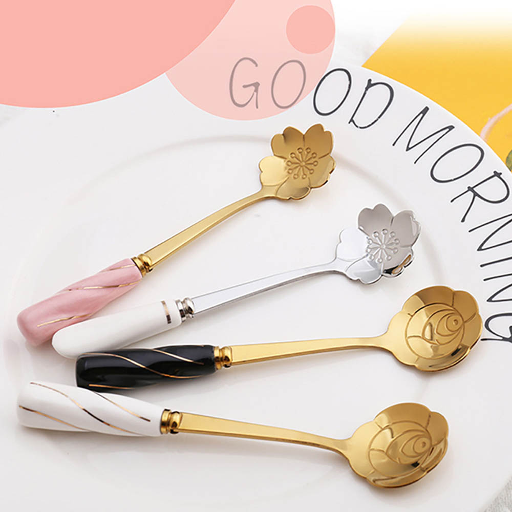 Flower Shape Spoon Ceramic Handle Stainless Steel Tea Coffee Spoon Teaspoons Coffee Stirring Spoon Coffee Accessorie Tableware