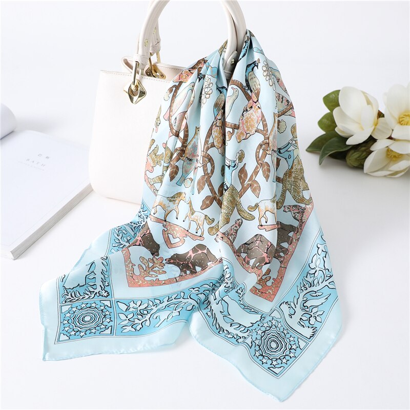 Silketørklæde firkantet kvinder top sjaler print hals tørklæder forår sommer bandana foulard femme: Fj242 blå