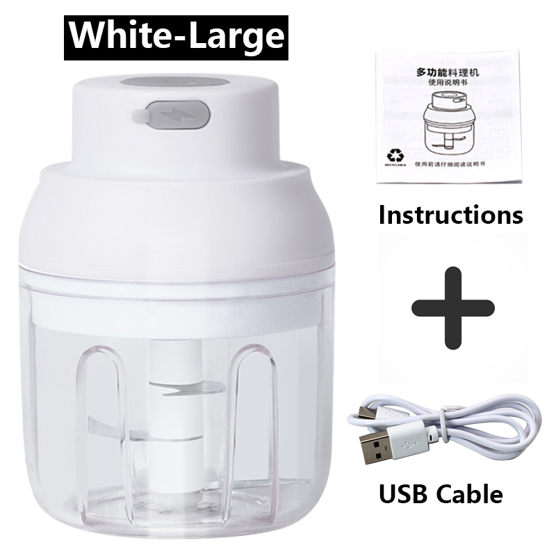 Groen/Wit Mini Keukenmachine Usb Opladen Krachtige Motor Gember Stamper Chili Vleesmolen Keuken Voedsel Mixer Gereedschappen 100/250Ml: White Large