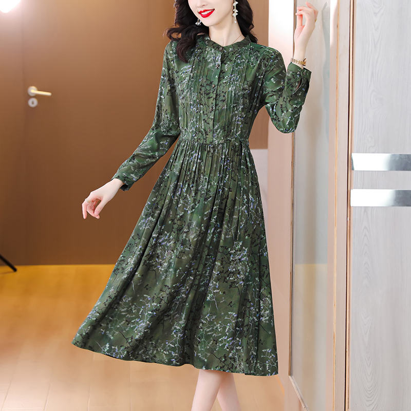 Sidenklänning tryck långärmad grön satin midiklänning kvinnor vintage casual festklänningar vår höst vestidos