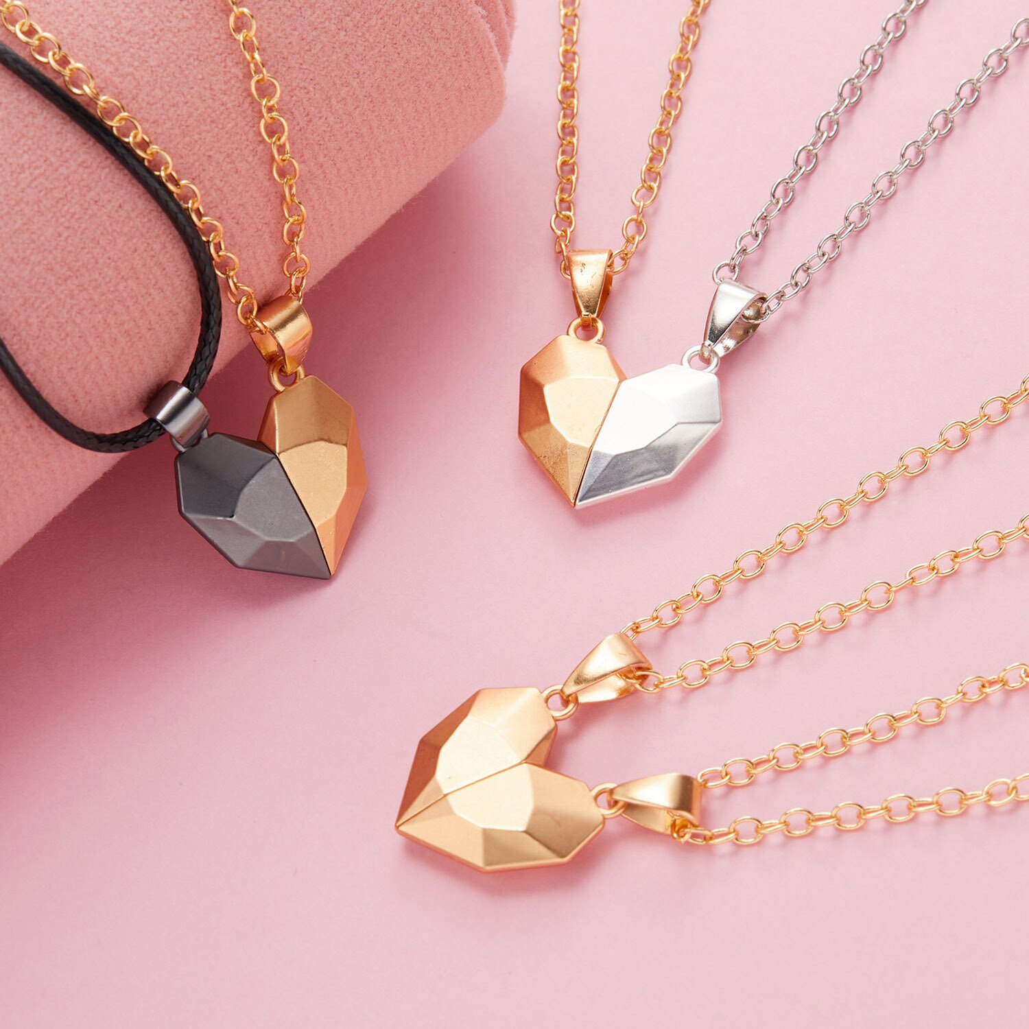 2Pcs Heart Magnetic Couple Necklace for Women Heart Faceted Magnet Pendant Necklace Distance Wishing Stone Valentine&#39;s Day