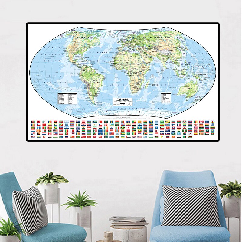 The World Political Map with National Flags Non-woven Foldable Canvas Painting 225*150cm Art Poster Wall Sticker Card Home Decor