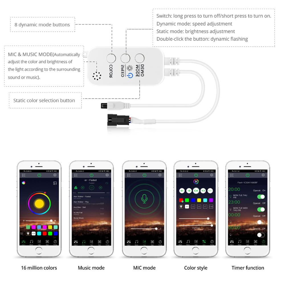 Bluetooth App Smart lamp 5M 10M LED light Strip RGB Sound/Music Sync Smart Home House Dream Neon lighting Compatible Android/IOS