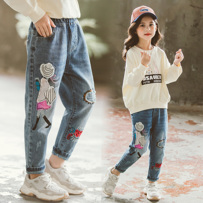 Tecknade blå jeans för barn flickor småbarn slitna kläder söta prinsessa jeansbyxor baby girl jeans tonårsbyxor bomull 12t