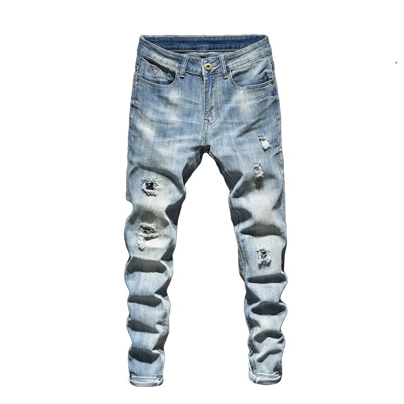 Ripped Jeans For Men Slim Fit Retro Blue Stretch Streetwear Hip Hop Patchwork Jeans Torn Men&#39;s Motorcycle Pants Male Biker Jeans: 34