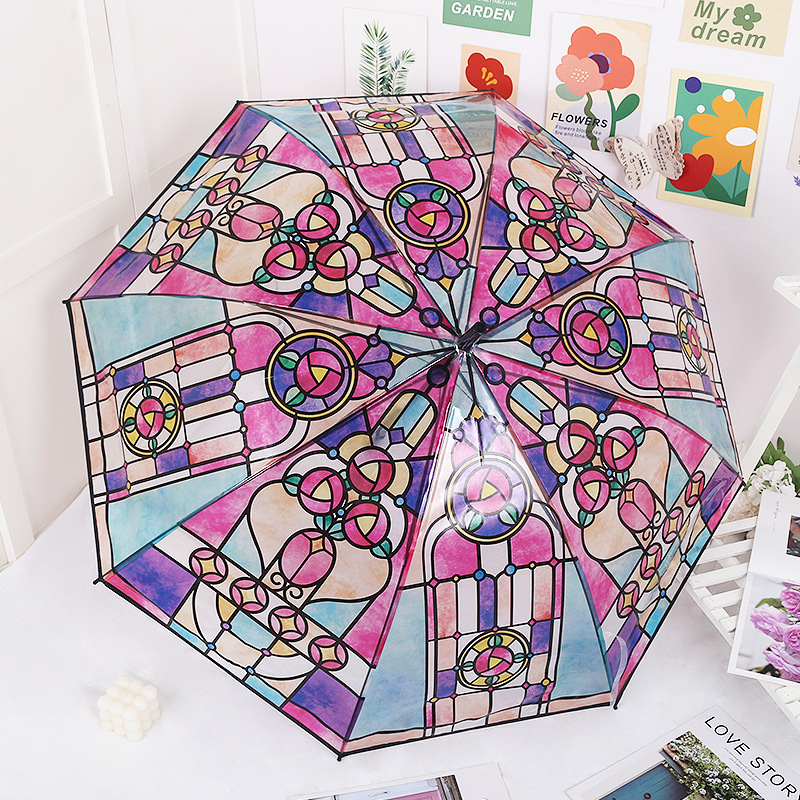 Parapluie Transparent peint à la main, vitrail imprimé, longue poignée, romantique, unisexe pour la Protection solaire contre la pluie, Parasol coupe-vent