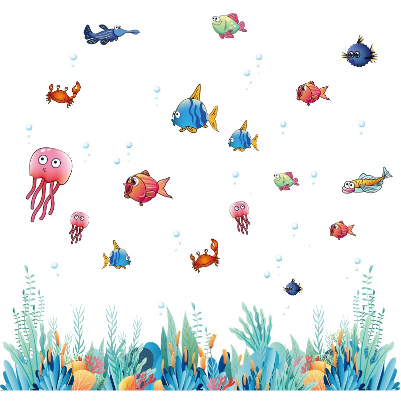 [Shijuekongjian] pegatinas de pared de peces de dibujos animados DIY, calcomanías de Mural de plantas de algas marinas para habitación de niños, dormitorio de bebé, decoración de casa de baño: Default Title