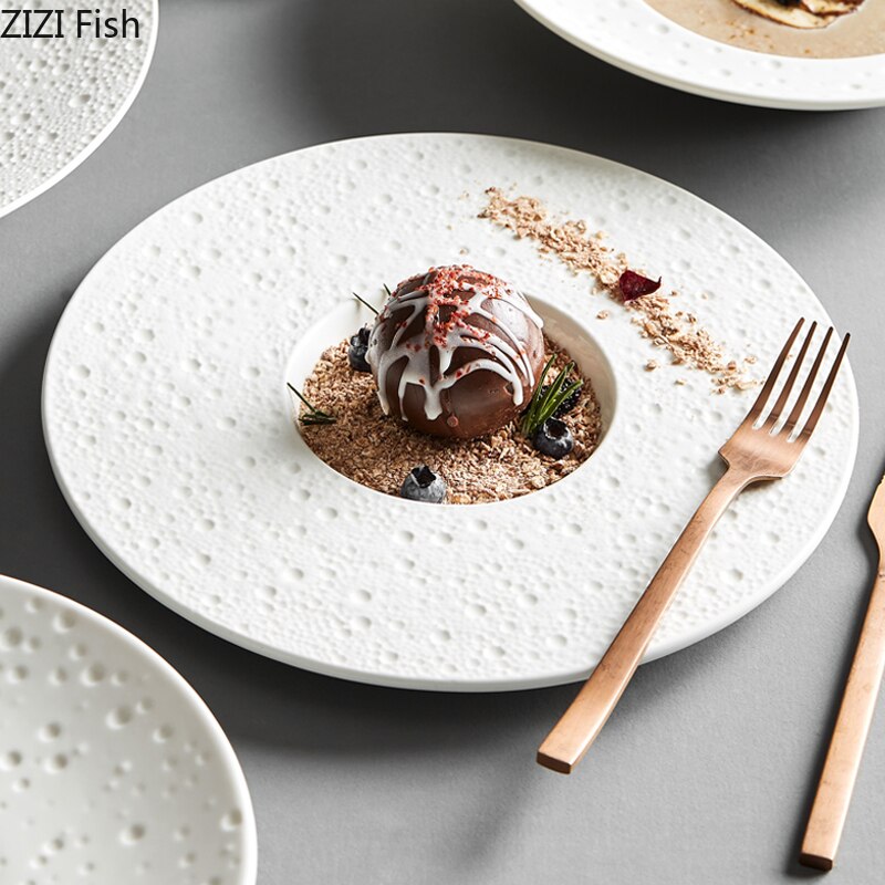 Plato blanco con forma de sombrero de paja para el norte de Europa, vajilla de decoración para restaurante, plato de sopa de carne y espagueti, plato de postre y fruta