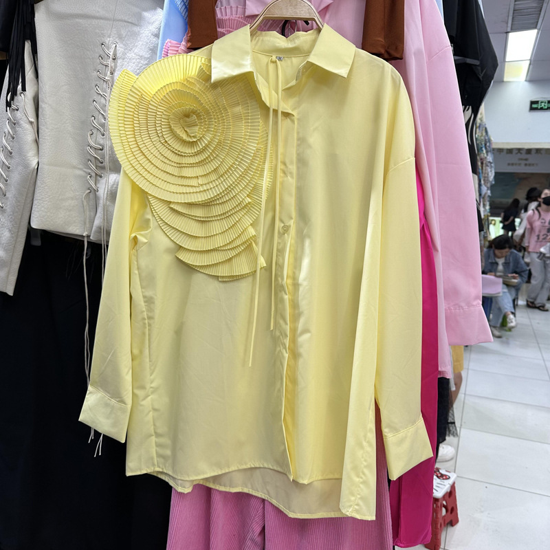 Bluse für Frauen 2025, Temperament, 3D-Blumenhemden, übergroße Spitzen, Langarm, Camisas De Mujer, modische weiße Freizeitblusen: M / Gelb