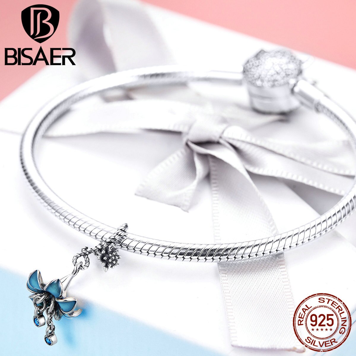 BISAER Real 925 Sterling Silver Dream Flower Enamel Charms Beads fit Women Bracelets Silver 925 Jewelry EFC034