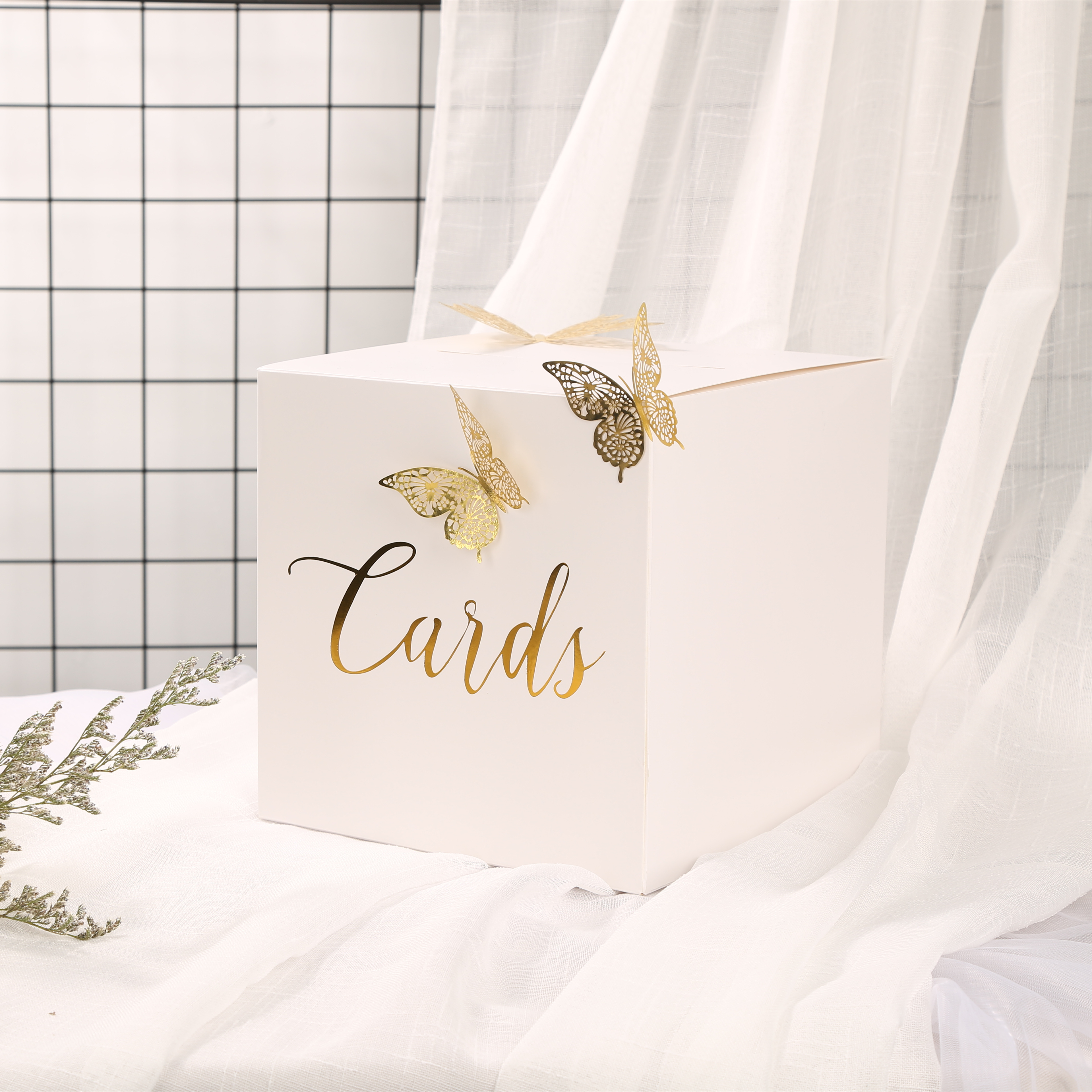 Caja de tarjetas para de cumpleaños de boda, caja de tarjetas de de cartón con letras en relieve y mariposa dorada ahuecada - cuadrado