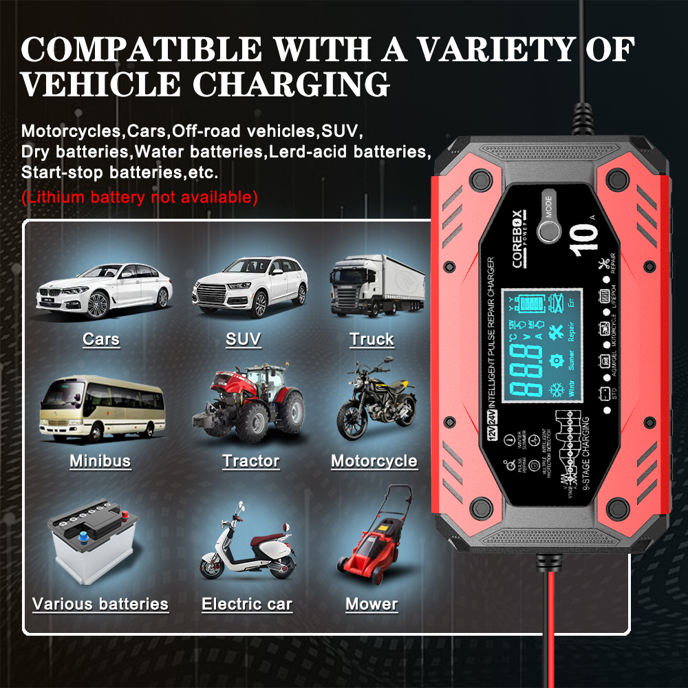 Dispositivos de carga de batería para automóviles y motocicletas Cargador de batería automotriz Mantenimiento inteligente AGM de batería de plomo ácido 12V 10A