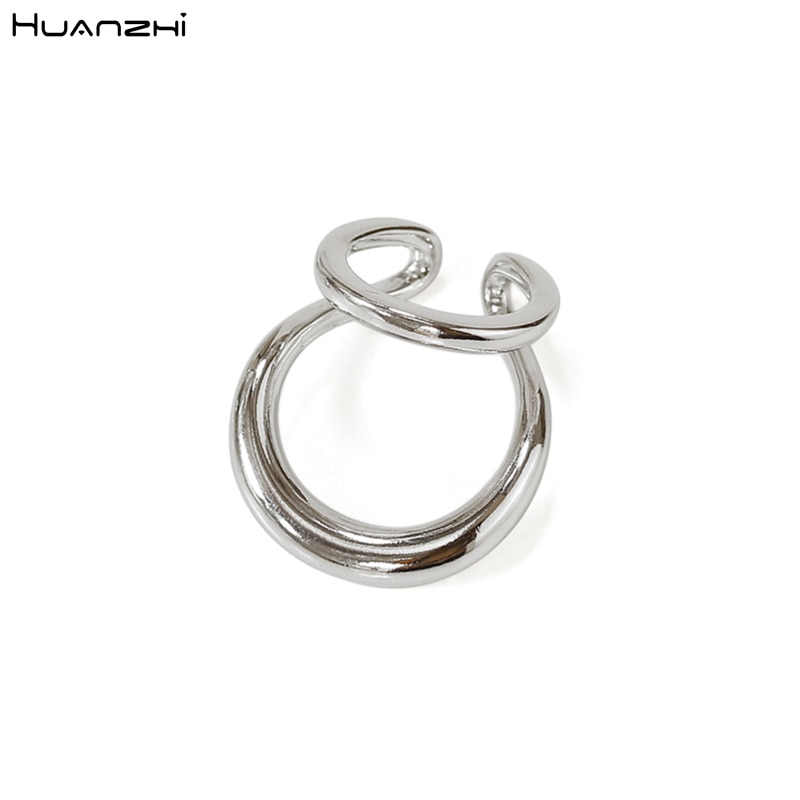 HUANZHI Vintage No Piercing Metal Double Layer Hollow Out Bending Ear Bone Clip Earring For Women Girls Party Jewelry