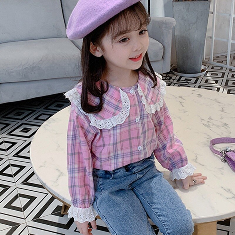 Primavera y otoño bebé recién nacido camiseta de niñas de encaje de cuadros lindo Blusa de algodón de manga larga Top ropa Toddle 1-12M 1-2Y