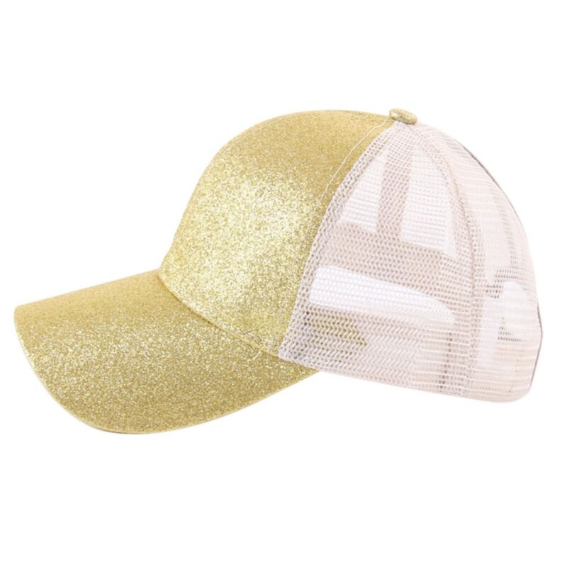 Sommer rodet bun mesh hatte justerbare sport hætter løb cap kvinder mænd bling sequin snapback hat: Gylden