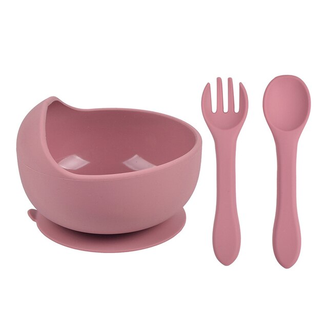3Pcs Baby Silicone Bowl Spoon Fork Set BPA Free Non-slip Children&#39;s Suction Bowl Handle Silicone Set Food Grade Tableware: Y19