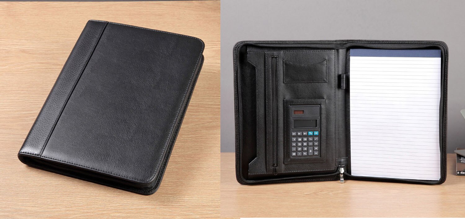 Business Zippered A4 Padfolio PU Leather Modern Portfolio with Calculator Pockets For Office Supply: black A