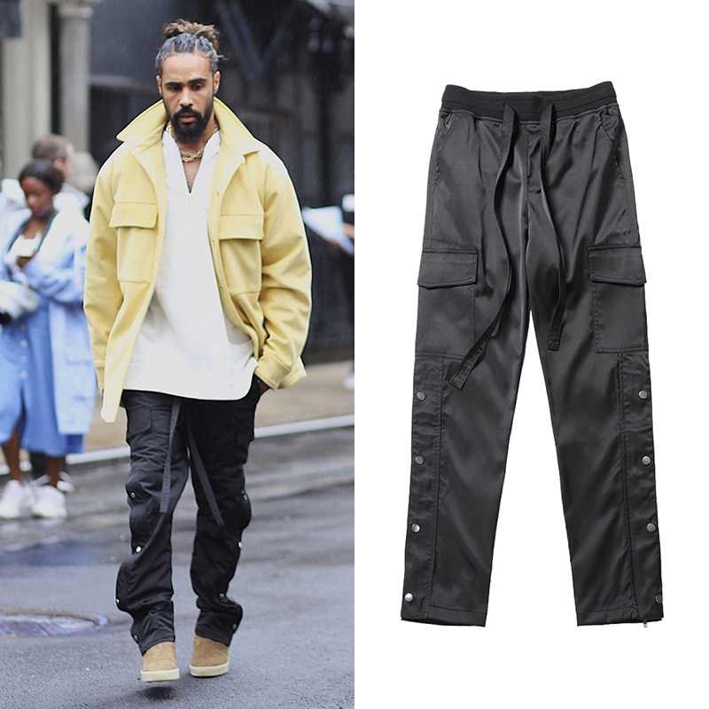 Sorte nylon snap cargo bukser herre urban streetwear punk hip hop sweatpants herre stropper knapper velcro rem lukning bukser
