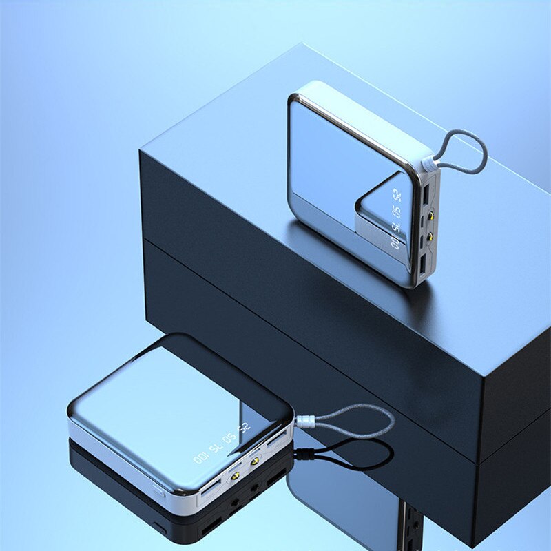 30000mAh Power Bank Mini Mirror Screen Portable Phone Charger LCD Digital Display Dual LED Lighting USB Powerbank for Smartphone: White