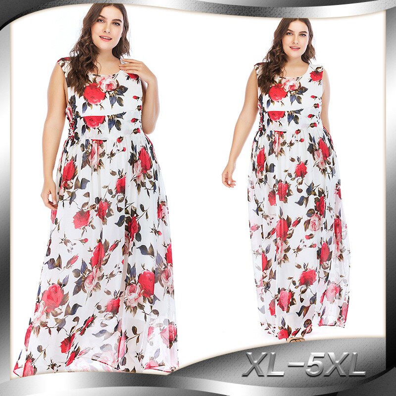Tuhao efterårs maxi lange kjoler plus størrelse 5xl 4xl kjole kvinder ærmeløse kjoler med blomsterprint boheme strandkjole  cm81