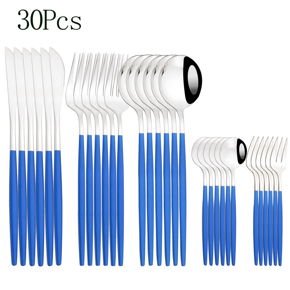 24pcs Cutlery Set Blue Silver Dinnerware Set Stainless Steel Silverware Knife Fork Spoon Tableware Flatware Set Dishwasher Safe