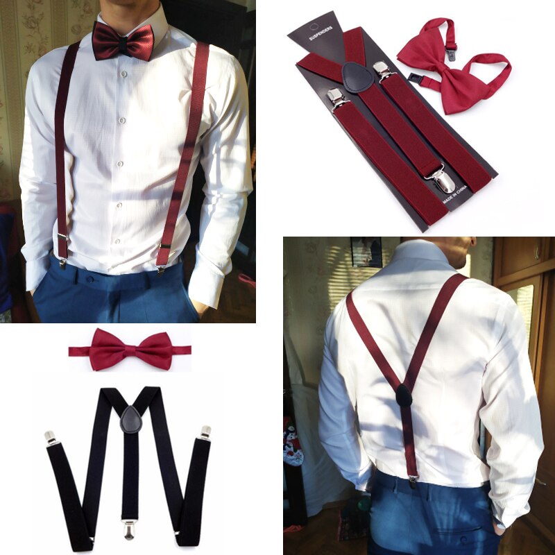 Couleur unie homme ceinture noeud papillon ensemble hommes femmes bretelles Polyester y-back bretelles nœud papillon réglable élastique mariage cravate accessoire