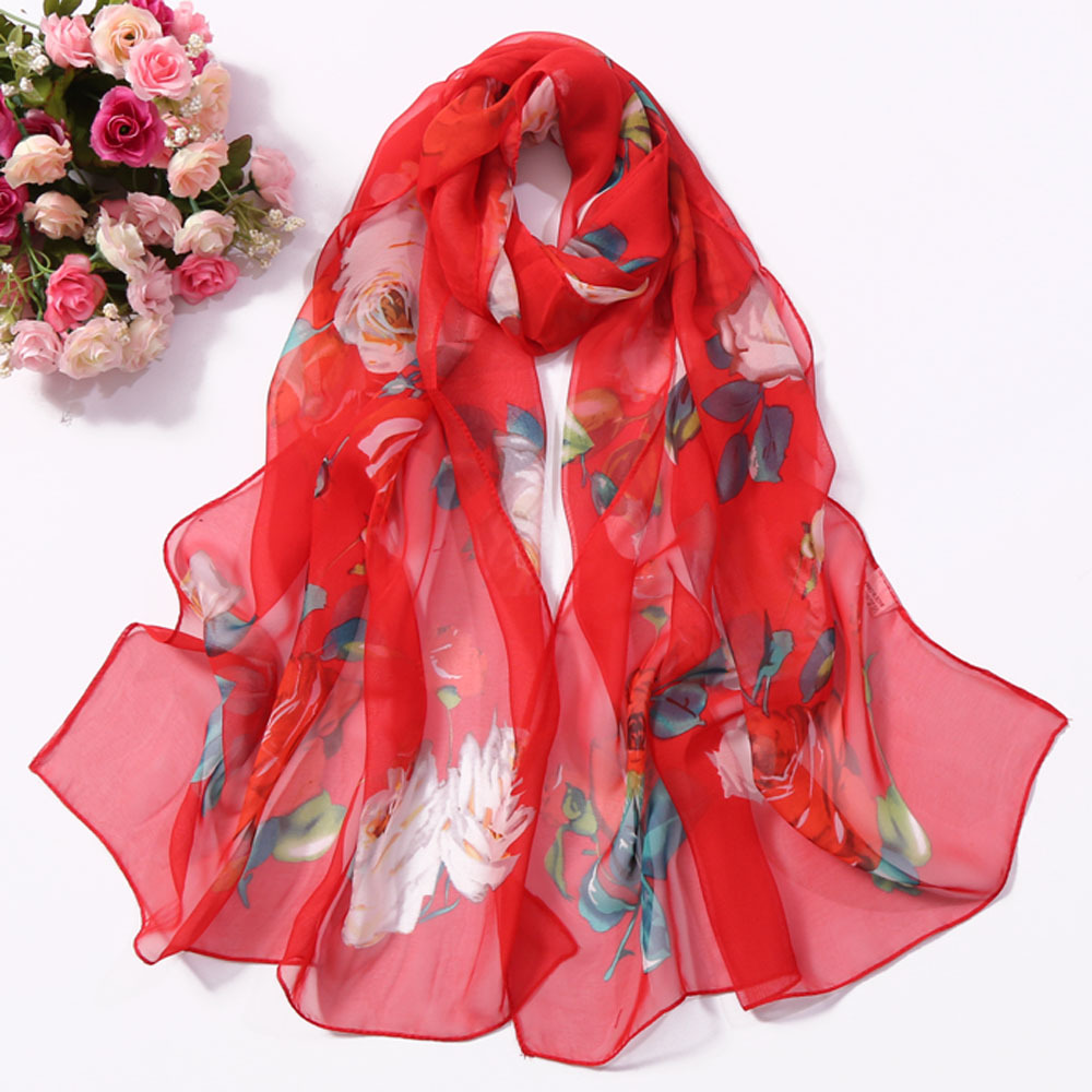 Foulard en mousseline de soie Georgette pour femmes, fleur de Rose, Foulard pour femmes, châle, Bandana , Protection solaire pour la plage: Red