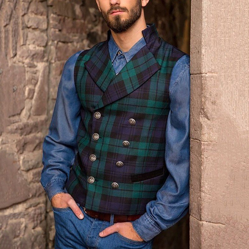 Mens Blue-Green Plaid Suit Vest Men Foramal Weeding Dress Vests Waistcoat Men Gilet Business Wedding Tuxedo Vest