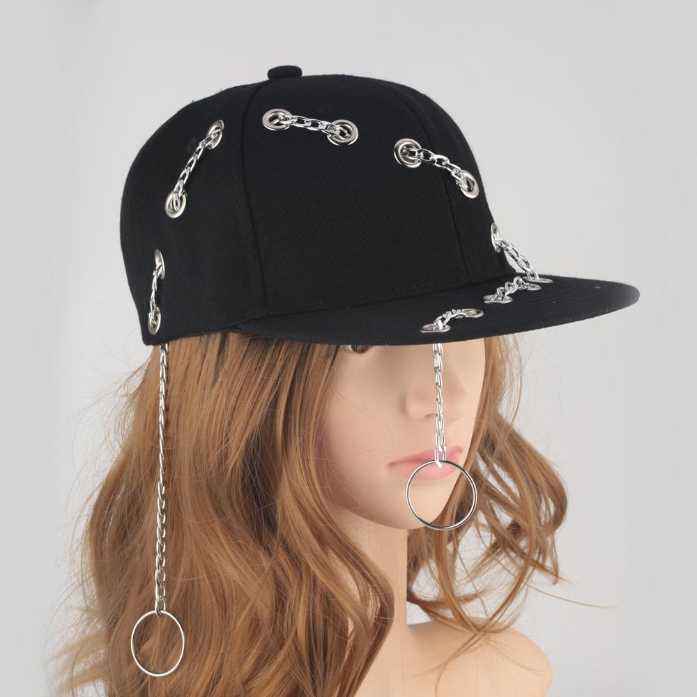 Punk Hats Iron Ring Chain Hip Hop Cap Baseball Caps Black Punk Style Snapback Hats Metal Chain Trucker Hat for Men Women Bone