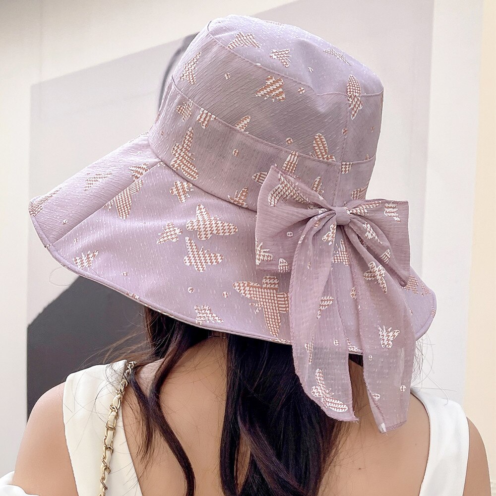 Vrouwen Zomer Zonnehoed Mode Boog Vlinder Print Zon Cap Vrouwelijke Outdoor Zon Reizen Strand Emmer Hoed: Purple