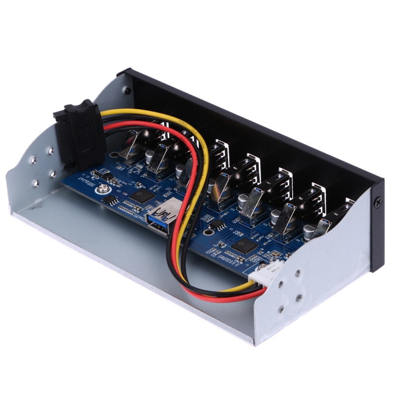 USB 3.0 7 Ports 5.25 Inch Metal Front Panel USB Hub with 15 Pin SATA Power Connector USB 3.0 19-pin Header Adapter Cable