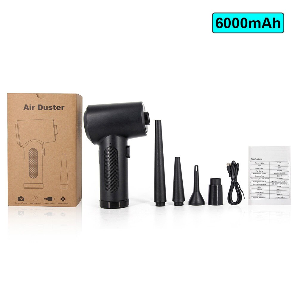 Electric Compressed Air Duster Canned Air Spray Blower Cleaner Duster for Computer Keyboard Sofa Electronics Cleaning Tool: 6000mAh Black