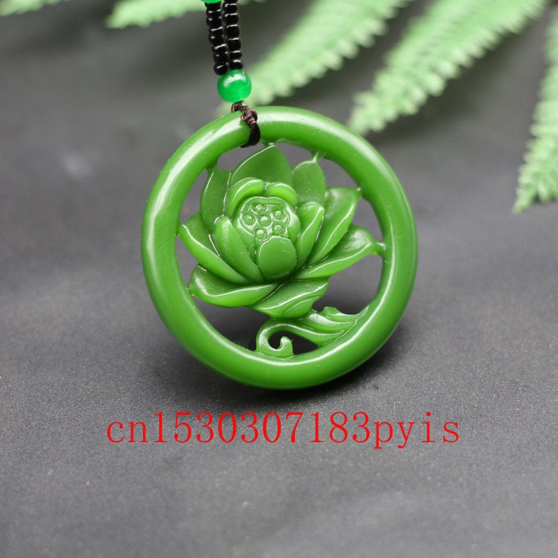 Natural Green Jade Flower Pendant Necklace Chinese Double-sided Hollow Carved Charm Jewelry Amulet for Men Women