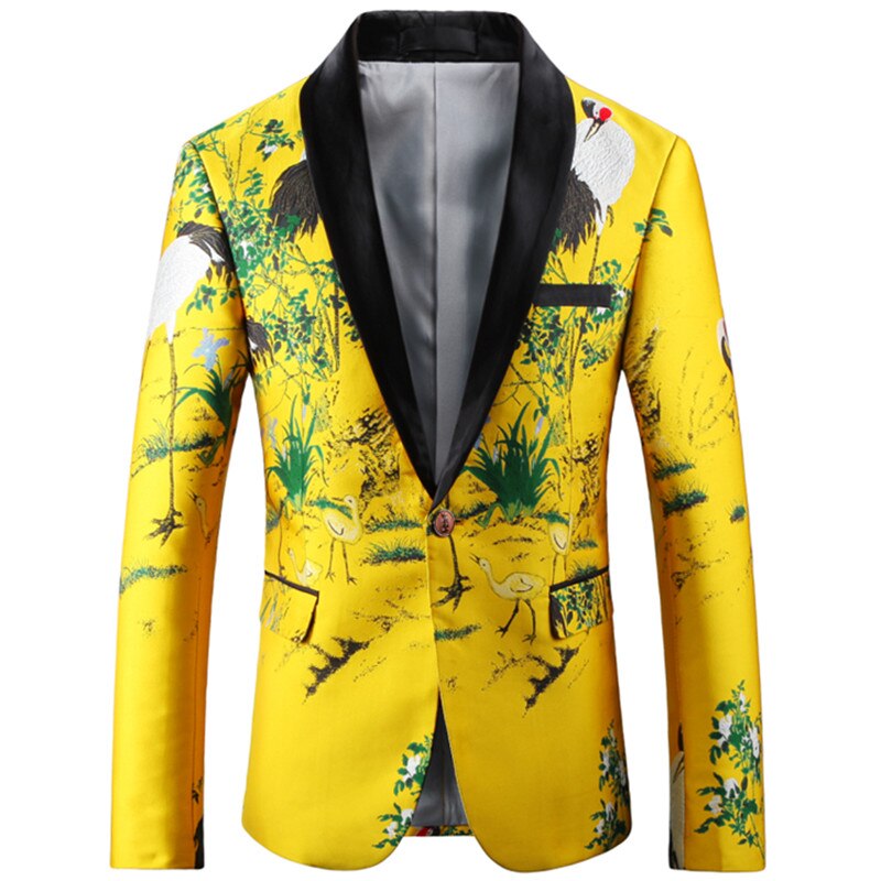 Printemps automne hommes fleur imprimer mince coupe florale jaune Blazer/homme affaires vêtements fête mariage costume veste manteau