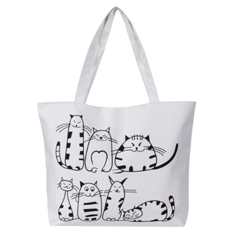 Vrouwen Canvas Boodschappentas Vrouwelijke Grote Capaciteit Dames Strandtas Cartoon Kat Gedrukt Schoudertassen Canvas Tote Shopping Handtassen