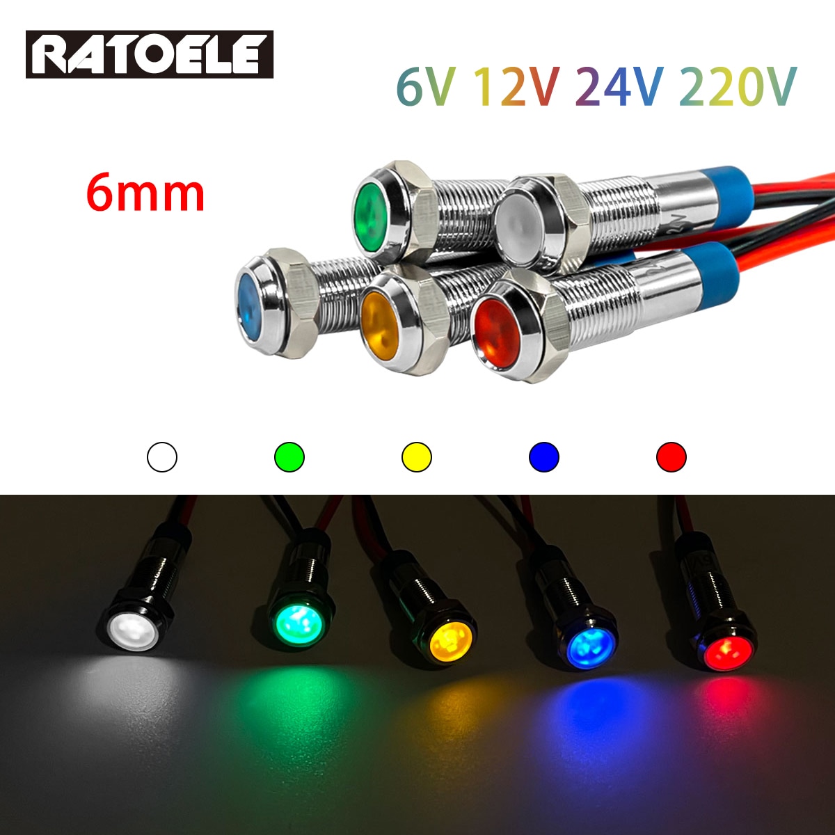 Indicador de luz LED de advertencia de Metal, 6mm, resistente al agua IP67, lámpara de señal piloto, interruptor de cables de 6V, 12V, 24V, 220V, rojo, azul, blanco, amarillo y verde