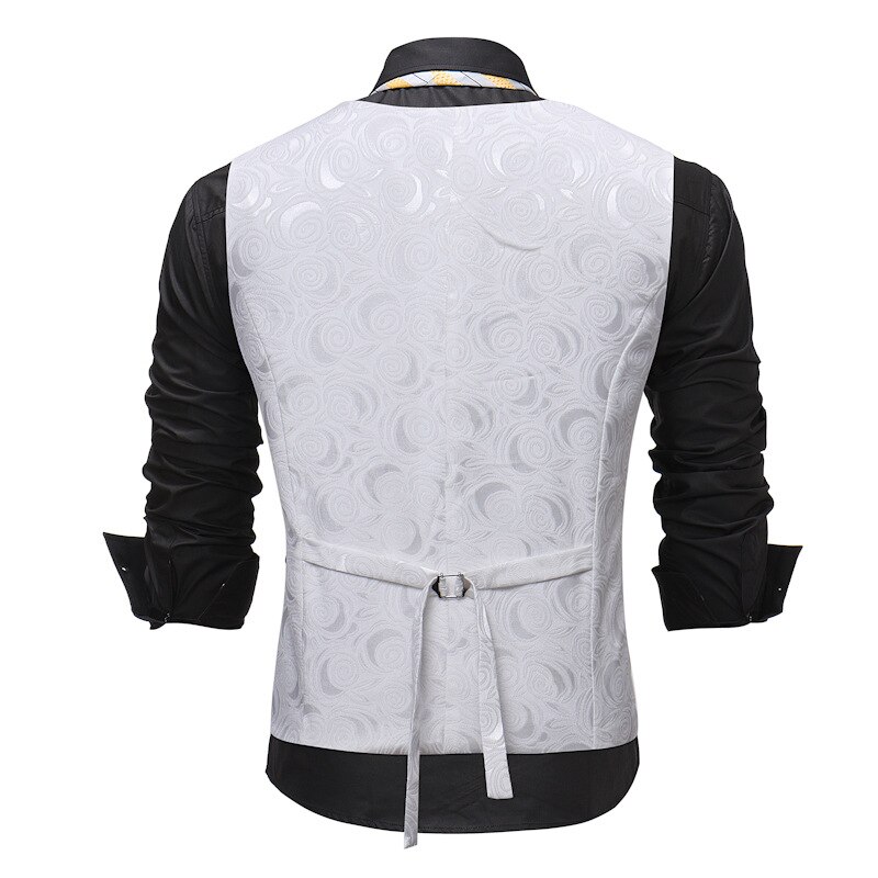 Mens Gentleman White Single Breasted Suit Vest Rose Printed Wedding Dress Vest Tuxedo Waistcoat for Business Man
