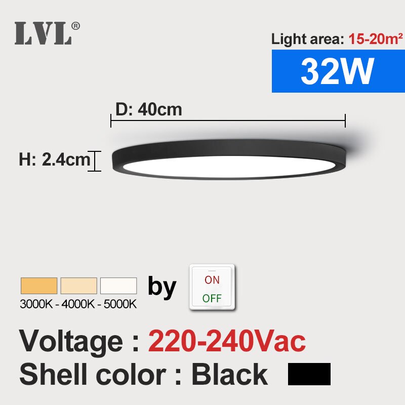 Førte ultra tyndt panel lys sort hvid skal 18w 24w 32w justerbar belysningsfarve til køkken soveværelse badeværelse panel lampe