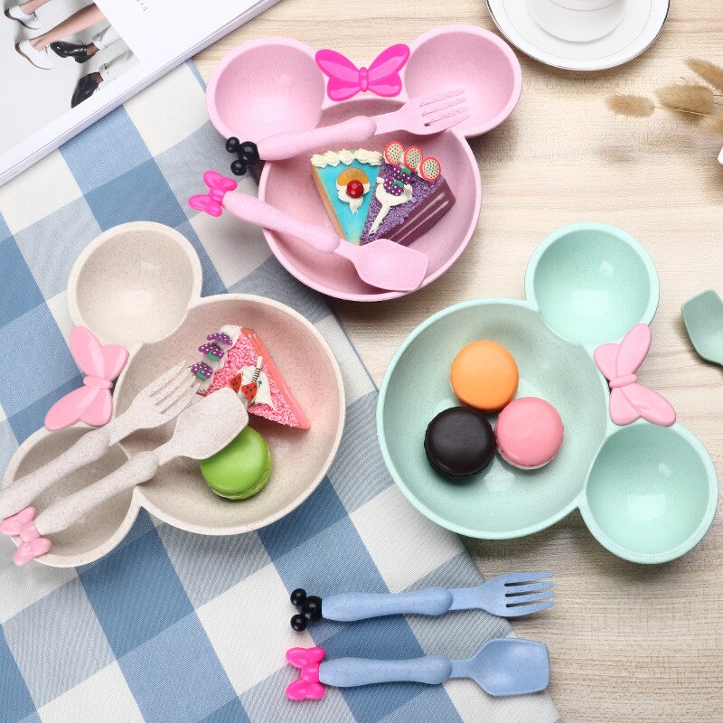 Tarwe Stro Baby Diner Kom Kinderen Cartoon Servies Set Kid Diner Plaat Baby Training Kom Lepel Vork Set