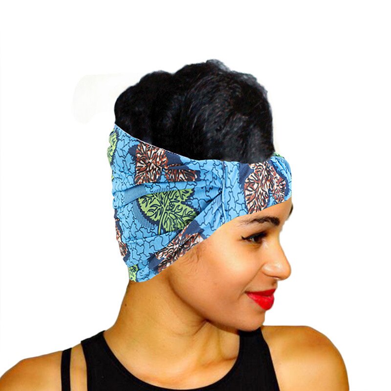 Afrikansk print stretch bomulds hovedbånd til kvinder elastisk hovedbeklædning turban hoved tørklæde damer bandage hoved wrap hår tilbehør: Søblå