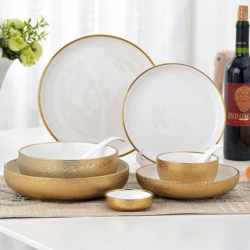 Ceramic Gold Dinner Plate Wedding Salver Porcelain Soup Rice Bowl Set Dessert Dinner Plate Cake Dessert Dish Tableware