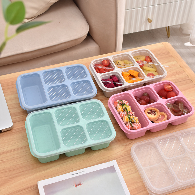 Lunchbox met vijf compartimenten en deksel, thee- en snackbox, lunchbox van tarwestro, bento-box, vershoudbakje voor snacks, snackbox.