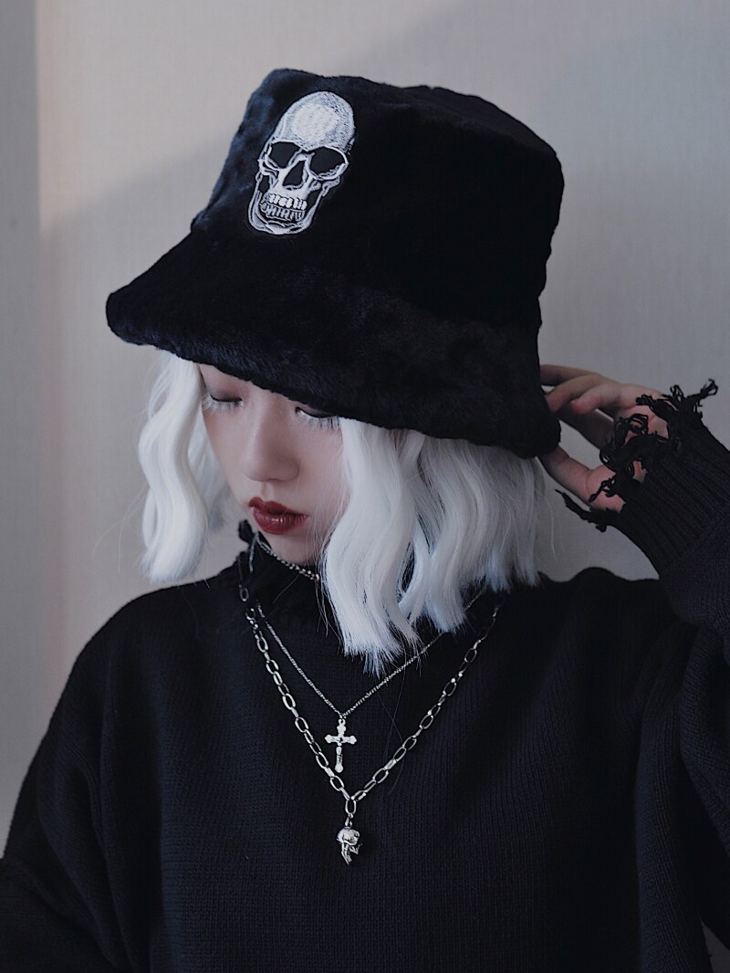 Ruibbit Punk Rock Gothic Skull Embroidery Beret Cap Harajuku Vintage Cap Black Bucket Hat Womens Hats