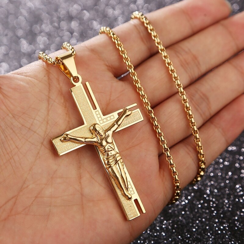 Ketting Jezus Christus Crucifix Mannen Ketting Gouden Kruis Religieuze Hanger Ketting Met Ketting: Default Title