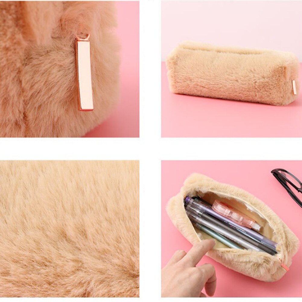 ¡Novedad de ! estuche para lápices con Oso de felpa esponjoso para chicas, bonito estuche para maquillaje, bolsa de almacenamiento suave para mujeres, bolsa para cosméticos de Color sólido suave para chicas