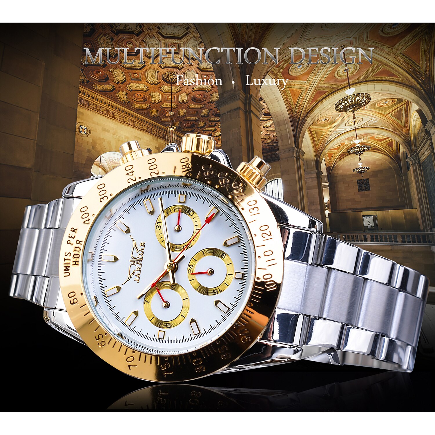 Jaragar Montre Homme Mens Watches Automatic Golden Stainless Steel Date Sports Mechanical Wristwatch Clock Relogio