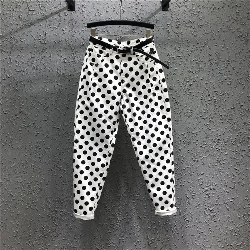 Streetwear Polka Dot Print Denim Nine Points Pants Women Summer Baggy Jeans Woman High Waist Harlan Pants Female Korean