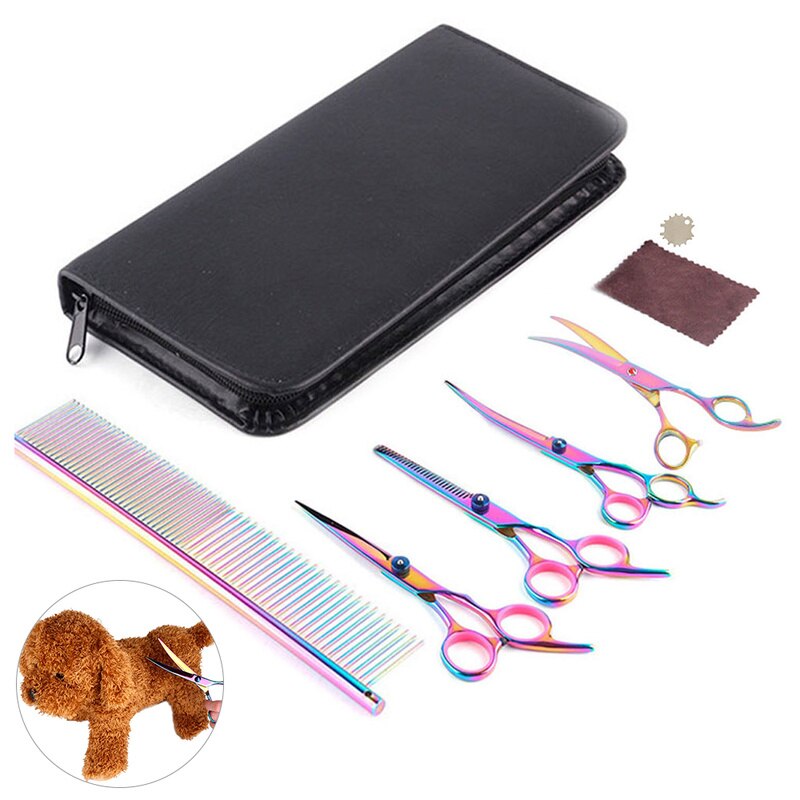 8 pièces chien ensemble de ciseaux toilettage chiens peigne cisaillement coupe-cheveux droite amincissement courbe ciseaux produits pour animaux de compagnie